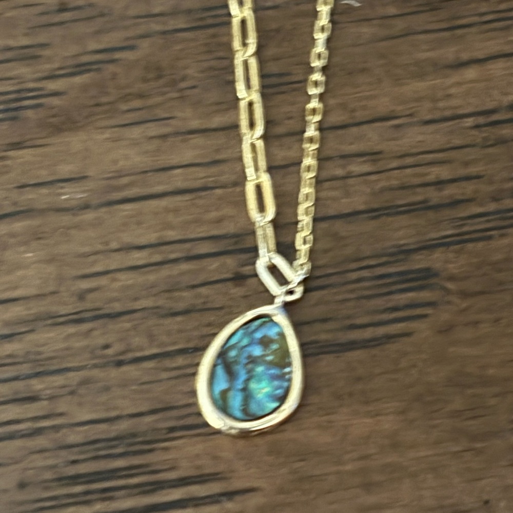 Gold and Blue Teardrop Necklace with Iridescent Stone